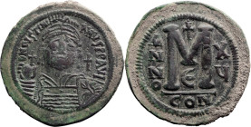 Justinian I. Follis; Justinian I; Constantinople, 541/2 AD, Follis, 23.30g. DO-40e, Berk-217, MIB-95. Obv: D N IVSTINI - ANVS PP AVC Helmeted, cuirass...