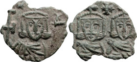 Constantine V. Follis; Constantine V; Syracuse, AD 751-775, Follis, 1.20g. Sear-1569. Obv: Constantine V bearded, left, and Leo IV, right, facing each...