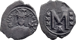 Irene, Sole Reign . Follis; Irene, Sole Reign ; Constantinople, 797-802 AD, Follis, 3.51g. Berk-874, Sear-1600. Obv: Facing bust of Irene Rx: Large M....
