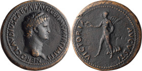 Nero. Dupondius; Nero; 54-68 AD, Rome, 64 AD, Dupondius, 15.83g. RIC-117 (R2). Obv: NERO CLAVDIVS CAESAR AVG GERM P M TR P IMP P P Head bare r. Rx: VI...