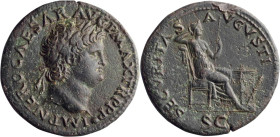 Nero. Dupondius; Nero; 54-68 AD, Lugdunum, 66-8 AD, Dupondius, 12.94g. BM-341, Paris-143, C-324, RIC-518. Obv: IMP NERO CAESAR AVG P MAX TR P P P, lau...