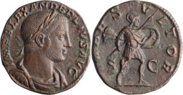 Severus Alexander. Sestertius; Severus Alexander; 222-235 AD, Rome, 232-5 AD, Sestertius, 19.91g. BM-843 pl. 28, C-169, RIC-635 (jumbling the two type...