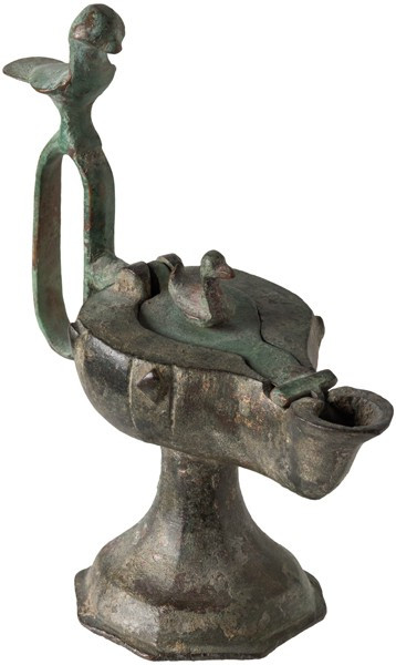 Persian Seljuk Bronze Oil Lamp; Persian Seljuk Bronze Oil Lamp, ca. 12th Century...