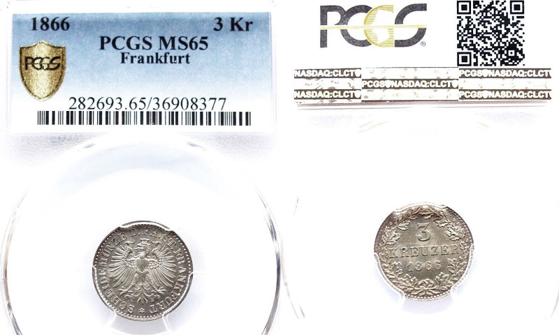 Frankfurt, Stadt - 3 kreuzer 1866
Bill ; 1.17 gr ; 17 mm
MS65