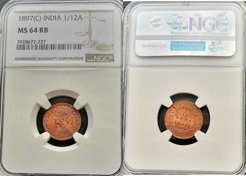 India 1897 (C) 1/12 Anna Graded MS 64 RB by NGC. Only 8 coins graded higher by N...