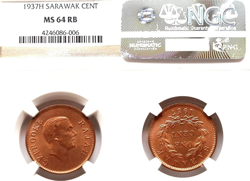 SARAWAK: 1 Cent 1937 H. NGC MS 64 RB Secure Holder. KM# 18. MS64