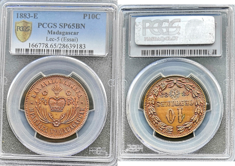 MADAGASKAR.
10 Centimes ESSAI 1883 in PCGS Holder "Lec 5 SP 65 BN.