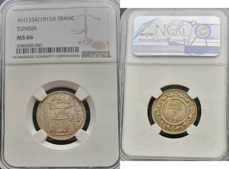 Tunisia AH 1334/1915 A FRANC Graded MS 66 by NGC. Highest graded coin at NGC. KM...