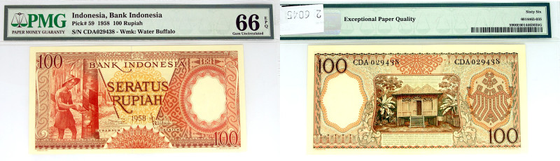 Indonesia 100 Rupiah 1958 Wasserbüffel kassenfrisch, PMG66