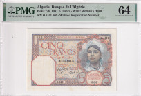 Algeria, 5 Francs, 1941, UNC, p77b

PMG 64

Estimate: USD 100-200