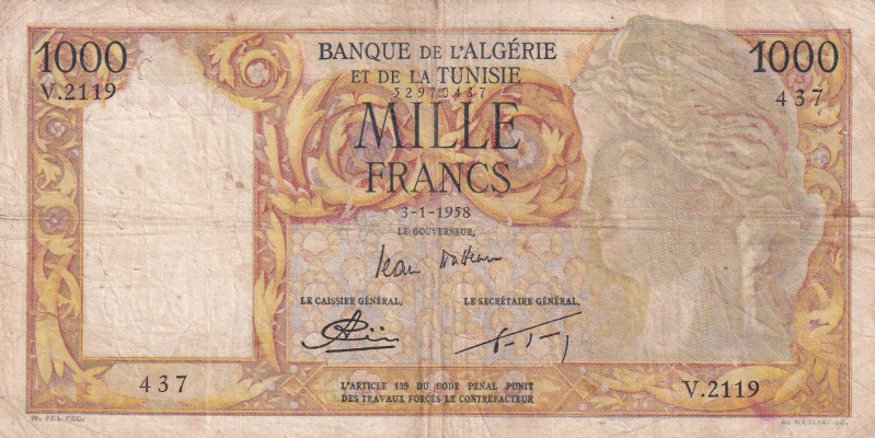 Algeria, 1.000 Francs, 1958, FINE, p107b

There are pinholes, openings, tears ...