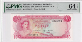 Bahamas, 3 Dollars, 1968, UNC, p28a

PMG 64 EPQ, Queen Elizabeth II Portrait

Estimate: USD 125-250