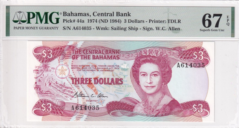Bahamas, 3 Dollars, 1984, UNC, p44a

PMG 67 EPQ, High condition , Queen Elizab...
