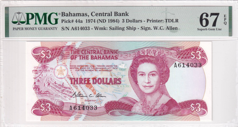 Bahamas, 3 Dollars, 1984, UNC, p44a

PMG 67 EPQ, High condition , Queen Elizab...