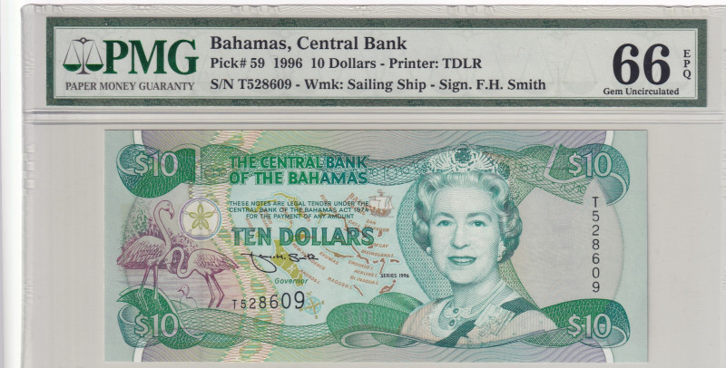 Bahamas, 10 Dollars, 1996, UNC, p59

PMG 66 EPQ, Queen Elizabeth II Portrait
...