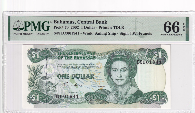 Bahamas, 1 Dollar, 2002, UNC, p70

PMG 66 EPQ, Queen Elizabeth II. Potrait, "1...