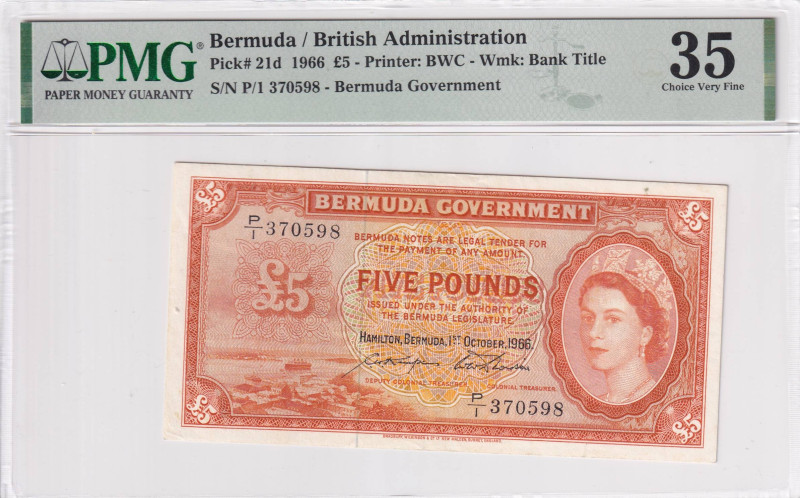 Bermuda, 5 Pounds, 1966, VF, p21d

PMG 35, Queen Elizabeth II Portrait

Esti...