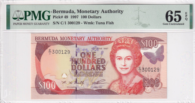 Bermuda, 100 Dollars, 1997, UNC, p49

PMG 65 EPQ, Queen Elizabeth II. Potrait...