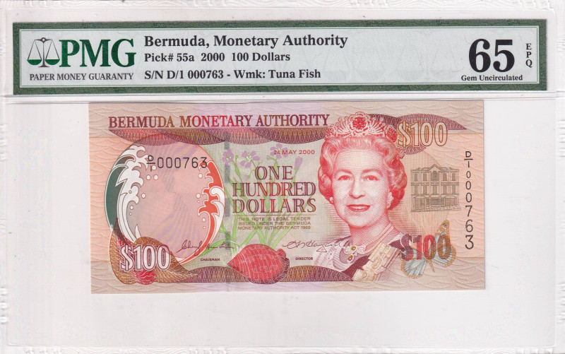 Bermuda, 100 Dollars, 2000, UNC, p55Aa

PMG 65 EPQ, Queen Elizabeth II. Potrai...