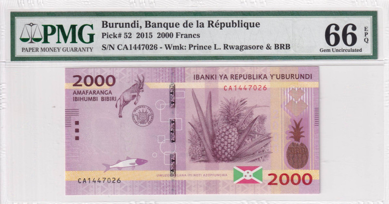 Burundi, 2.000 Francs, 2015, UNC, p52g

PMG 66 EPQ

Estimate: USD 25-50