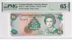 Cayman Islands, 5 Dollars, 1996, UNC, p17

PMG 65 EPQ, Queen Elizabeth II. Potrait

Estimate: USD 50-100