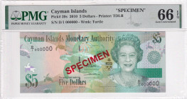 Cayman Islands, 5 Dollars, 2010, UNC, p39s, SPECIMEN

PMG 66 EPQ

Estimate: USD 250-500
