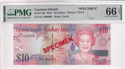 Cayman Islands, 10 Dollars, 2010, UNC, p40s, SPECIMEN

PMG 66 EPQ

Estimate: USD 300-600