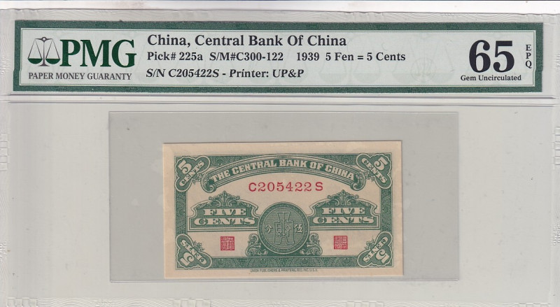 China, 5 Fen=5 Cents, 1939, UNC, p225a

PMG 65 EPQ

Estimate: USD 30-60