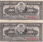 Cuba, 20 Centavos, 1897, UNC, p53, (Total 2 banknotes)

In 2 blocks. Uncut sheet

Estimate: USD 30-60