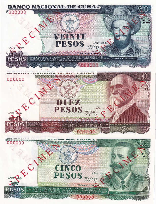 Cuba, 5-10-20 Pesos, , p108s; p109s; p110s, SPECIMEN

(Total 3 banknotes)

E...