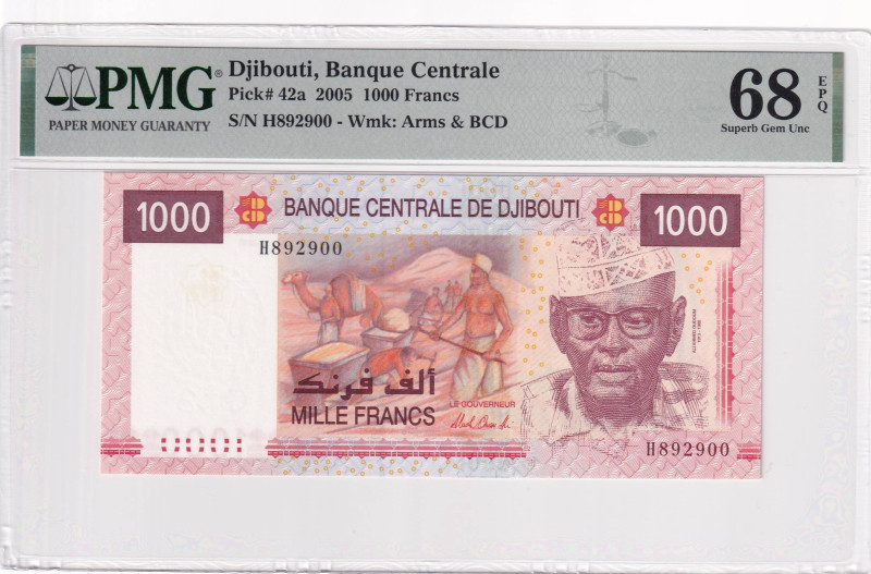 Djibouti, 1.000 Francs, 2005, UNC, p42a

PMG 68 EPQ, High Condition, TOP POP
...