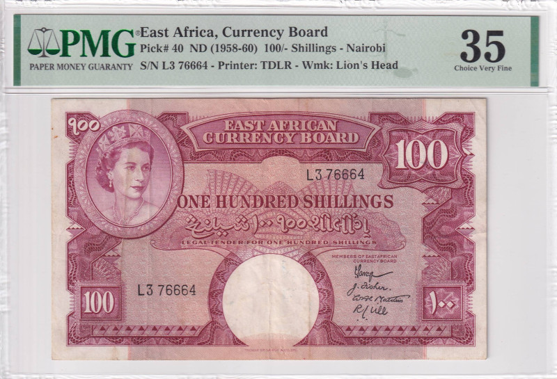 East Africa, 100 Shillings, 1958/1960, VF, p40

PMG 35 EPQ, Queen Elizabeth II...