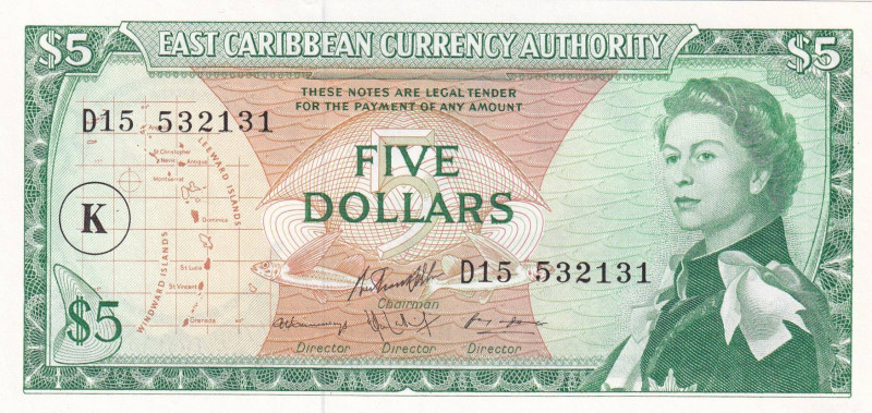 East Caribbean States, 5 Dollars, 1965, UNC, p14I

Queen Elizabeth II Portrait...