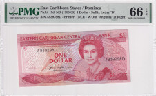 East Caribbean States, 1 Dollar, 1985/1988, UNC, p17d

PMG 66 EPQ, Queen Elizabeth II. Potrait

Estimate: USD 50-100