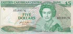 East Caribbean States, 5 Dollars, 1986/1988, UNC, p18k

Queen Elizabeth II Portrait

Estimate: USD 30-60