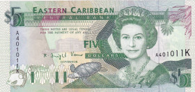 East Caribbean States, 5 Dollars, 1993, UNC, p26k

Queen Elizabeth II Portrait

Estimate: USD 30-60