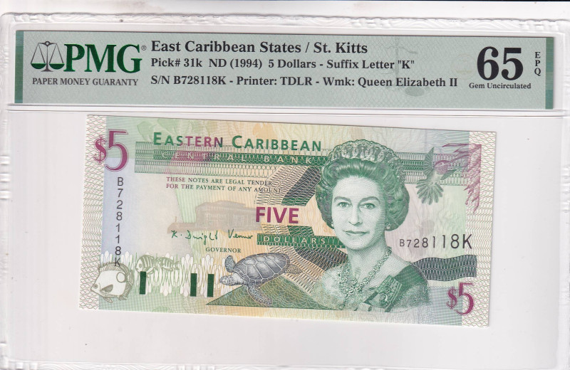 East Caribbean States, 5 Dollars, 1994, UNC, p31k

PMG 65 EPQ, Queen Elizabeth...