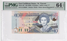 East Caribbean States, 10 Dollars, 2003, UNC, p443v

PMG 64 EPQ, Queen Elizabeth II Portrait

Estimate: USD 50-100