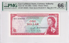 East Caribbean States, 1 Dollar, 1965, UNC, p13f

PMG 66 EPQ, Queen Elizabeth II. Potrait

Estimate: USD 50-100