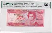 East Caribbean States, 1 Dollar, 1985/1988, UNC, p17I

PMG 66 EPQ, Queen Elizabeth II. Potrait

Estimate: USD 50-100