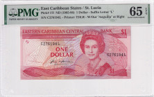 East Caribbean States, 1 Dollar, 1985/1988, UNC, p17I

PMG 65 EPQ, Queen Elizabeth II. Potrait

Estimate: USD 50-100