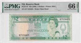 Fiji, 2 Dollars, 1988, UNC, p87

PMG 66 EPQ, Queen Elizabeth II. Potrait

Estimate: USD 30-60
