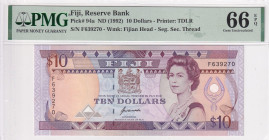 Fiji, 10 Dollars, 1992, UNC, p94a

PMG 66 EPQ, Queen Elizabeth II Portrait

Estimate: USD 50-100