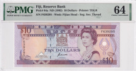 Fiji, 10 Dollars, 1992, UNC, p94a

PMG 64 EPQ, Queen Elizabeth II Portrait

Estimate: USD 40-80