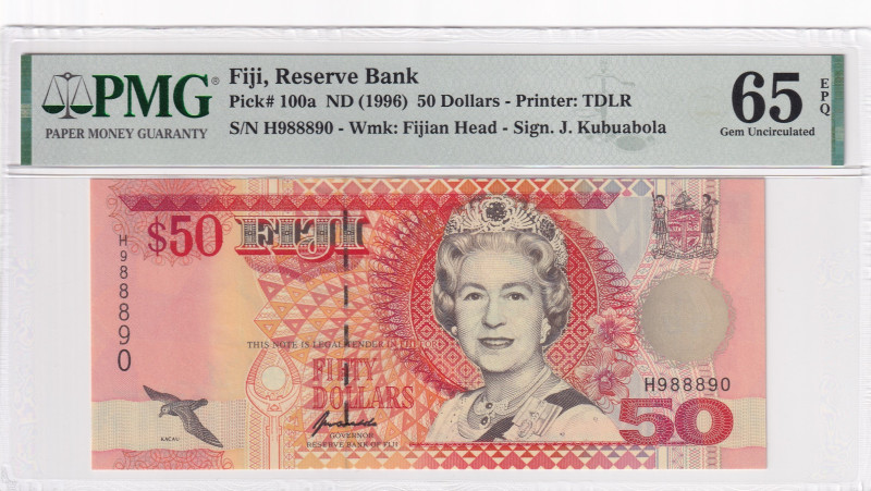 Fiji, 50 Dollars, 1996, UNC, p100a

PMG 65 EPQ, Queen Elizabeth II. Potrait
...