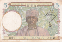 French West Africa, 5 Francs, 1942, UNC(-), p25

Stained, light handling., There are cuts in the border

Estimate: USD 30-60