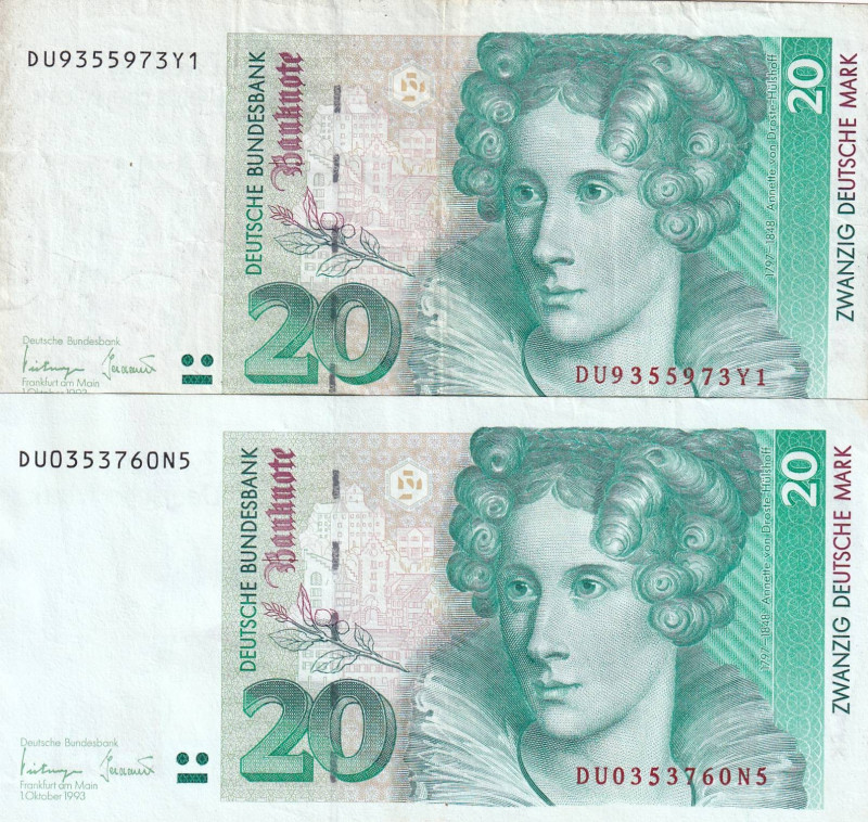 Germany - Federal Republic, 20 Deutsche Mark, 1993, p39b, (Total 2 banknotes)
...