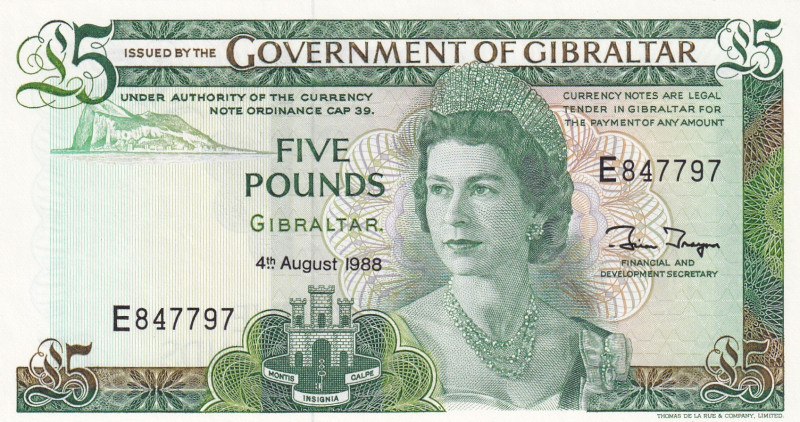 Gibraltar, 5 Pounds, 1988, UNC, p21b

Queen Elizabeth II Portrait

Estimate:...