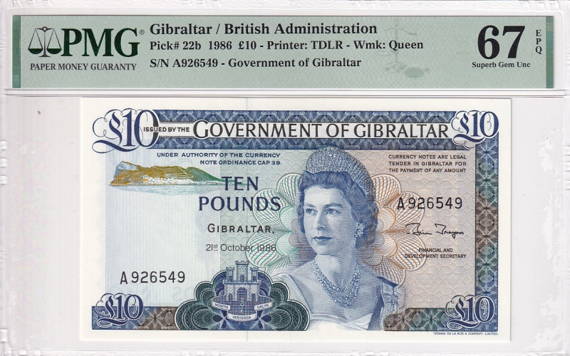 Gibraltar, 10 Pounds, 1986, UNC, p22b

PMG 67 EPQ, High condition , Queen Eliz...