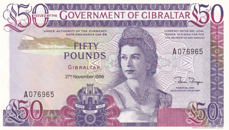 Gibraltar, 50 Pounds, 1986, UNC, p24

Queen Elizabeth II Portrait, Light handl...